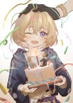  :d aventurine_(honkai:_star_rail) bandaged bandaged_arm bandages birthday birthday_cake black_gloves blonde_hair blue_eyes blue_jacket cake cancanbingo candle child confetti food gloves hand_on_another&#039;s_head happy happy_birthday headpat highres holding holding_cake holding_food honkai:_star_rail honkai_(series) jacket kakavasha_(honkai:_star_rail) long_sleeves multicolored_eyes one_eye_closed open_mouth out_of_frame shirt smile torn_clothes torn_shirt violet_eyes watch watch white_shirt 