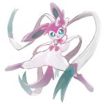  :3 animal_focus blue_sclera bow bowtie colored_sclera commentary ear_bow fang from_above full_body happy highres lying no_humans on_back open_mouth own_(drawing0412own) pink_bow pink_bowtie pokemon pokemon_(creature) simple_background smile solo spread_legs sylveon white_background white_eyes 