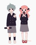  1boy 1girl black_eyes blush child covering_own_mouth diploma full_body grey_hair hair_ornament hair_scrunchie highres holding holding_diploma long_hair long_sleeves looking_at_another looking_at_viewer maco22 original pink_hair school_uniform scrunchie short_hair skirt smile socks two_side_up v 