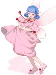  1girl blue_hair closed_eyes dress fairy fairy_wings happy highres marinette_dupain-cheng miraculous_ladybug open_mouth pink_dress pink_footwear seio_(nao_miragggcc45) short_twintails simple_background smile solo twintails white_background wings 