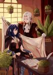  2girls absurdres blue_hair byleth_(female)_(fire_emblem) byleth_(fire_emblem) closed_eyes coat edelgard_von_hresvelg fire_emblem fire_emblem:_three_houses flying-frappuccino hairband highres indoors long_hair looking_at_another military military_uniform multiple_girls sitting sleeping smile uniform violet_eyes white_hair yuri 