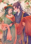  1boy 1girl androgynous blue_eyes blush carrying chinese_clothes earrings flower green_hair hanfu highres jewelry jinshi_(kusuriya_no_hitorigoto) kusuriya_no_hitorigoto long_hair looking_at_another looking_at_viewer maomao_(kusuriya_no_hitorigoto) matsuko_(mrimri3) open_mouth princess_carry purple_hair red_eyes shawl smile sweatdrop tassel tassel_earrings 