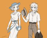  1boy 1girl alternate_costume bag belt blue_eyes collarbone commentary contemporary ear_piercing fedora green_eyes hat highres holding holding_bag holding_clothes jacket jewelry limited_palette link long_skirt looking_at_another looking_to_the_side medium_hair mouyi necklace orange_background pants piercing pointy_ears princess_zelda scar shirt short_hair signature simple_background skirt spot_color the_legend_of_zelda the_legend_of_zelda:_tears_of_the_kingdom unworn_jacket watch watch 