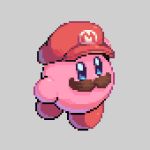  blue_eyes commentary cosplay english_commentary fake_facial_hair fake_mustache grey_background hat kirby kirby_(series) looking_at_viewer mario mario_(cosplay) no_humans pixel_art pixel_pit red_hat simple_background solo super_mario_bros. 