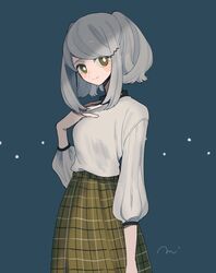  1girl blue_background blush_stickers green_eyes grey_hair hair_ornament hairclip hand_on_own_chest maco22 original plaid_clothes plaid_skirt shirt_tucked_in skirt smile solo twintails 