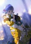  2girls bad_id bad_pixiv_id brown_hair character_request copyright_request dress dutch_angle hand_on_another&#039;s_head hug jumpsuit kneeling looking_at_another multiple_girls outdoors purple_hair rain sukja yellow_jumpsuit 