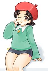  1girl adeleine beret blush breasts brown_hair drawfag green_shirt grey_skirt hat highres kirby_(series) kirby_64 one_eye_closed shirt skirt small_breasts solo thick_thighs thighs v white_background 