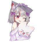  &gt;_&lt; 1girl 1other :3 :d absurdres aged_down animal_ear_fluff animal_ears bare_shoulders blush blush_stickers bob_cut bow cat cat_girl colored_inner_animal_ears cropped_torso dot_nose fang frilled_hairband frilled_shirt frills grey_hair hair_bow hair_intakes hairband hashtag-only_commentary heart heart_in_mouth highres hug lkjun_(jg010118) long_sleeves maro_(neneko_mashiro) multicolored_hair neneko_mashiro one_eye_closed open_mouth purple_bow purple_shirt raised_eyebrow red_eyes redhead shirt short_hair simple_background smile solo stellive streaked_hair teeth thick_eyelashes turning_head virtual_youtuber white_background white_cat 