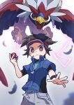  &gt;:( 1boy bird blue_jacket braviary bright_pupils brown_eyes brown_hair closed_mouth feathers frown hand_up high_collar highres holding holding_poke_ball jacket looking_at_viewer nate_(pokemon) omochi_(omotimotittona3) poke_ball poke_ball_(basic) pokemon pokemon_(creature) pokemon_bw2 short_hair short_sleeves v-shaped_eyebrows visor_cap white_pupils xtransceiver zipper_pull_tab 
