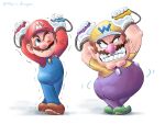  2boys artist_name big_nose blue_overalls brown_footwear brown_hair facial_hair green_footwear grin hat highres joy-con mario mario_dragon multiple_boys mustache one_eye_closed overalls pointy_ears purple_overalls red_hat red_shirt shirt simple_background smile super_mario_bros. trembling wario white_background yellow_hat yellow_shirt 
