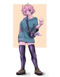  1girl absurdres antennae aqua_sweater artist_name ashido_mina black_sclera blush boku_no_hero_academia breasts brown_footwear colored_sclera colored_skin english_commentary finger_gun heart hhholic highres looking_at_viewer medium_breasts orange_eyes pink_hair pink_skin purple_thighhighs shadow shoes short_hair smile solo sweater thigh-highs tongue tongue_out 