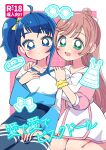  2girls absurdres blue_eyes blue_hair blue_shirt blue_skirt blue_thighhighs bow bowtie commentary_request content_rating cover cover_page cut_bangs doujin_cover dress green_eyes hair_bun hair_ribbon hand_on_lap hand_on_own_chest hands_on_another&#039;s_shoulders highres hirogaru_sky!_precure kneeling long_sleeves looking_at_viewer meranoreuka_(pandapaca) miniskirt multiple_girls nijigaoka_mashiro open_mouth parted_lips partial_commentary pink_dress pink_hair precure ribbon scrunchie shirt short_dress side-by-side side_ponytail single_hair_bun single_sidelock sitting skirt smile sora_harewataru t-shirt thigh-highs translated two-tone_dress two-tone_shirt v-neck white_bow white_bowtie white_dress white_ribbon white_shirt wrist_scrunchie yellow_ribbon 