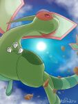  animal_focus artist_name blue_sky claws closed_mouth clouds colored_skin commentary_request fang floating flygon from_below green_skin hebimaru highres no_humans pokemon pokemon_(creature) sky sun sunlight tail twitter_username wings 