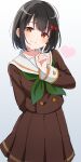  1girl absurdres arm_behind_back black_hair bow brown_eyes brown_shirt brown_skirt cowboy_shot dot_nose finger_to_cheek green_neckerchief hair_bow head_tilt heart heart-shaped_pupils hibike!_euphonium highres hisaishi_kanade index_finger_raised kitauji_high_school_uniform long_sleeves looking_at_viewer medium_skirt neckerchief ogura_(sao_no) red_bow sailor_collar school_uniform shirt short_hair simple_background skirt smile solo standing symbol-shaped_pupils tareme white_background 