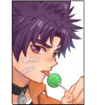  1boy bandaid bandaid_on_face black_border black_collar border camp_buddy candy collar collared_shirt cseighteen food licking lollipop looking_at_viewer male_focus orange_shirt portrait purple_hair shirt solo tongue tongue_out violet_eyes white_background yukimura_yoichi 