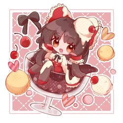  1girl black_ribbon bow brown_eyes brown_hair cherry chibi chibi_only cup cupping_glass detached_sleeves food frilled_bow frilled_hair_tubes frills fruit gohei hair_bow hair_tubes hakurei_reimu heart inukkomaru neck_ribbon open_mouth red_bow red_footwear red_skirt ribbon skirt solo touhou 