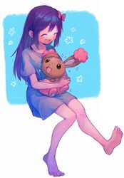 1girl aubrey_(headspace)_(omori) aubrey_(omori) barefoot blue_shirt blush bow buneary closed_eyes hair_bow highres hyaku_(momongamomomo) long_hair omori open_mouth pink_bow pokemon pokemon_(creature) purple_hair shiny shiny_buneary shiny_pokemon shirt short_sleeves sitting smile