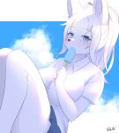  1girl animal_ears animal_nose blue_eyes blue_skirt blush body_fur breasts clouds cloudy_sky food fox_ears fox_girl furry furry_female highres holding holding_food holding_ice_cream ice_cream ichigotoofu large_breasts looking_at_viewer original shirt skirt sky snout solo white_fur white_shirt 