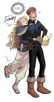 1boy 1girl alcohol beer beer_mug blonde_hair blue_capelet blush boots capelet chilchuck_tims chilchuck_tims_(tallman) closed_eyes closed_mouth cup dungeon_meshi english_text facial_hair hetero highres holding hug hug_from_behind jiang1818 long_hair marcille_donato mug open_mouth pants pointy_ears red_ribbon ribbon simple_background white_background