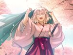  1girl ahoge black_bow blonde_hair bow cherry_blossoms coat commentary_request fate/grand_order fate_(series) hair_bow japanese_clothes katana kimono koha-ace okita_souji_(fate) okita_souji_(koha-ace) open_mouth petals pink_kimono shinsengumi shoori_(migiha) short_hair smile solo sword unworn_coat weapon wide_sleeves yellow_eyes 