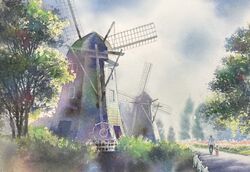  2boys blue_sky bush clouds cloudy_sky field flower flower_field highres holding_hands huis_ten_bosch multiple_boys no_humans original painting_(medium) park path pine_tree plant scenery sky traditional_media tree watercolor_(medium) windmill yu_grassbird 