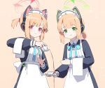  2girls apron black_jacket black_tea blonde_hair blue_archive closed_mouth cup green_eyes green_halo halo highres holding jacket long_sleeves maid maid_apron maid_headdress midori_(blue_archive) midori_(maid)_(blue_archive) momoi_(blue_archive) momoi_(maid)_(blue_archive) multiple_girls official_alternate_costume pink_halo red_eyes revision short_hair siblings sisters siu_hing5262 smile tea twins white_apron 