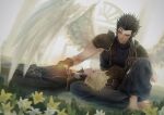  2boys absurdres angel_wings arch armor barefoot belt black_hair blonde_hair blue_eyes brown_belt brown_gloves closed_eyes cloud_strife crossed_legs dutch_angle easter_lily feathered_wings final_fantasy final_fantasy_vii final_fantasy_vii_advent_children flower flower_bed furrowed_brow gloves hair_slicked_back hand_on_another&#039;s_chest hashtag-only_commentary highres knee_up lap_pillow light_smile long_hair long_sleeves looking_at_another looking_down male_focus messa_mo multiple_belts multiple_boys parted_lips pauldrons shoulder_armor sitting spiky_hair suspenders waist_cape white_flower white_wings wings yellow_flower zack_fair 