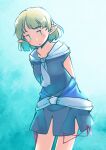 1girl arms_behind_back black_shirt blonde_hair blue_background blush breasts closed_mouth commentary_request cowboy_shot expressionless gradient_background green_eyes grey_skirt leaning_forward looking_to_the_side medium_bangs mizuhashi_parsee neckerchief pointy_ears rangycrow sash shirt short_hair short_sleeves skirt small_breasts solo touhou white_neckerchief white_sash |_| 