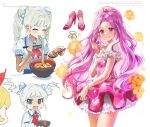  3girls aikatsu! aikatsu!_(series) blonde_hair bow character_request chopsticks closed_eyes closed_mouth crown dress eating food hair_bow hand_up high_ponytail highres holding holding_chopsticks hoshimiya_ichigo long_hair multiple_girls noodles pink_dress pink_footwear puffy_short_sleeves puffy_sleeves purple_hair ramen red_bow shoes short_sleeves simple_background sycisycii todo_yurika twintails very_long_hair violet_eyes white_background white_hair 