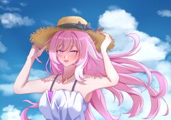  1girl absurdres alternate_costume armpits bare_shoulders blue_sky clouds cloudy_sky diamond-shaped_pupils diamond_(shape) elf elysia_(herrscher_of_human:_ego)_(honkai_impact) elysia_(honkai_impact) gude_(gudechang) hat highres holding holding_clothes holding_hat honkai_(series) honkai_impact_3rd long_hair looking_at_viewer open_mouth pink_hair pointy_ears shirt sky solo straw_hat symbol-shaped_pupils upper_body violet_eyes white_shirt 