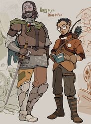  2boys alt_text arm_hair armor arrow_(projectile) black_hair book boots bow_(weapon) brown_footwear brown_gloves brown_vest cape chainmail character_name disco_elysium dungeon_meshi english_commentary facial_hair glasses gloves gnome green_cape grey_eyes harry_du_bois holding holding_sword holding_weapon jacket kim_kitsuragi male_focus multiple_boys mustache patch pencil_mustache pouch quiver short_hair sword thigh_pouch u3pxx vest weapon 