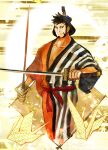  1boy black_hair closed_mouth commentary_request english_commentary facial_hair goatee harakara12 highres holding holding_sword holding_weapon japanese_clothes katana kimono kinemon long_sideburns male_focus mixed-language_commentary one_piece short_hair sideburns smile solo sword topknot weapon 