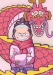  1boy absurdres alternate_form black_eyes black_hair clenched_teeth commentary crossed_arms dragon dragon_boy dragon_horns english_commentary high_ponytail highres horns japanese_clothes kimono kouzuki_momonosuke long_sleeves looking_at_viewer male_focus one_piece open_mouth pink_kimono pink_scarf ponytail rudygabutee scarf signature smile teeth 