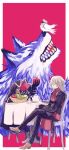  2boys animal_on_head antonio_salieri_(fate) antonio_salieri_(second_ascension)_(fate) apple bird bird_on_head black_gloves cake closed_eyes crossed_legs fangs fate/grand_order fate_(series) food fruit fruit_basket gloves grey_hair headless hessian_(fate) highres kimidorix32 lobo_(fate) multiple_boys on_head red_background striped_suit suit table tea_set wolf 