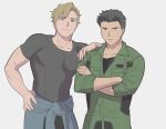  2boys ao_isami black_hair blonde_hair closed_mouth clothes_around_waist cowboy_shot crossed_arms green_jumpsuit grey_background grey_shirt hand_on_another&#039;s_shoulder hand_on_own_hip jumpsuit lewis_smith light_frown looking_at_viewer male_focus multiple_boys muscular muscular_male shirt short_hair simple_background sweater sweater_around_waist tight_clothes tight_shirt umai_kinako yuuki_bakuhatsu_bang_bravern 