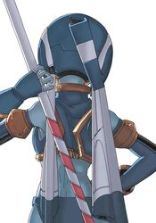  1girl android armor blue_armor blue_helmet commentary_request fairy_leviathan_(mega_man) from_behind helmet holding holding_polearm holding_weapon mega_man_(series) mega_man_zero_(series) polearm polearm_behind_back robot_girl simple_background solo vernier_thrusters weapon white_background yakouhai 