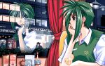  1girl amazuyu_tatsuki blue_eyes booth_seating curtains game_cg green_hair hand_on_own_chin imai_saori indoors looking_outside looking_to_the_side medium_hair menu night night_sky pc-98_(style) pia_carrot_(series) pia_carrot_e_youkoso!! reflection salt_shaker sky solo 