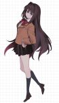  1girl aozaki_aoko black_skirt black_socks blue_eyes brown_hair brown_jacket hair_intakes highres jacket layered_clothes long_hair m0rtalcoil0 mahou_tsukai_no_yoru neck_ribbon red_ribbon ribbon school_uniform skirt socks solo 