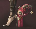  1girl ankle_gun bayonetta bayonetta_(series) black_bodysuit bodysuit charm_(object) close-up english_commentary feet foot_focus gun handgun high_heels highres ironlily solo weapon weapon_focus 