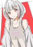  1girl :o absurdres black_sports_bra bob_cut clothes_writing collarbone colored_inner_hair commentary diagonal_bangs flat_chest grey_hair grey_jacket grey_tank_top hair_ornament highres inverted_bob jacket link!_like!_love_live! looking_at_viewer love_live! multicolored_hair off_shoulder open_mouth outline red_background red_eyes redhead short_hair solo sports_bra star_(symbol) star_hair_ornament streaked_hair sukihiro tank_top upper_body virtual_youtuber white_outline yugiri_tsuzuri 