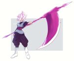  1boy black_pants black_shirt boots dragon_ball dragon_ball_super earrings energy_blade goku_black grey_tunic highres holding holding_scythe holding_weapon jewelry komesan_0212 long_sleeves medium_hair pants pink_hair potara_earrings scythe shirt simple_background single_earring solo twitter_username violet_eyes weapon white_footwear 