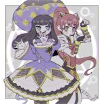 2girls animal_ears bad_id bad_twitter_id black_hair blue_eyes border cat_ears cat_tail covering_own_mouth cowboy_shot dress frilled_sleeves frills grey_background hand_over_own_mouth hands_up hat kurosu_aroma long_hair long_sleeves looking_at_viewer lowres mdr_onj1807 multiple_girls open_mouth outside_border paw_pose pretty_series pripara purple_dress purple_hat red_shirt shiratama_mikan shirt standing tail white_border wide_sleeves 