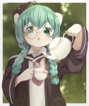  1girl barcode barcode_tattoo blurry blurry_background border braid brown_robe collared_shirt cup drias facial_tattoo green_eyes green_hair hair_over_shoulder hands_up hat headgear holding holding_cup holding_teapot indie_virtual_youtuber itopoid long_hair long_sleeves looking_at_object low_twin_braids mini_hat monocle monocle_chain mortarboard necktie open_clothes open_robe outside_border pouring red_necktie robe shirt solo tattoo tea teacup teapot tilted_headwear twin_braids upper_body virtual_youtuber white_border white_shirt 