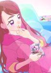 1girl absurdres brown_hair couch covering_own_mouth earrings eating food from_side highres hijiri_ageha hinamatsuri hirogaru_sky!_precure holding_snack hood hoodie itaoka1 jacket jewelry long_hair long_sleeves mochi on_couch open_mouth pale_skin parted_bangs pillow pink_hoodie pink_jacket precure single_earring snack solo upper_body violet_eyes