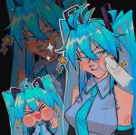  1girl 1other absurdres arm_tattoo artist_name bare_shoulders black_sleeves blue_eyes blue_hair blue_necktie breasts cheek_poking collared_shirt detached_sleeves grey_shirt hatsune_miku highres long_hair looking_to_the_side medium_breasts multiple_views necktie open_mouth poking sainttufa shirt sleeveless sleeveless_shirt sparkle tattoo twintails vocaloid 