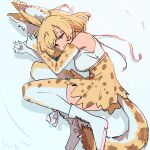 1girl :3 animal_ears bare_shoulders blonde_hair blush boots cat_ears cat_girl cat_tail curled_up elbow_gloves from_above gloves hair_between_eyes high-waist_skirt highres kemono_friends looking_at_viewer lying on_side print_gloves print_skirt print_thighhighs serval_(kemono_friends) serval_print shirt short_hair sidelocks skirt smile solo squinting tail thigh-highs wamawmwm white_footwear white_gloves white_shirt white_thighhighs zettai_ryouiki 