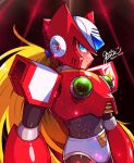  1boy android armor blonde_hair blue_eyes chest_jewel cowboy_shot forehead_jewel guutara helmet long_hair looking_at_viewer male_focus mega_man_(series) mega_man_x_(series) red_armor red_helmet shoulder_armor signature smile solo twitter_username zero_(mega_man) 