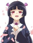  black_hair black_jacket bow collar crying falling_petals flower flower_ornament frilled_collar frilled_sleeves frills gokou_ruri gothic_lolita hair_flower hair_ornament hands_up hime_cut jacket lolita_fashion long_hair looking_at_viewer open_mouth ore_no_imouto_ga_konna_ni_kawaii_wake_ga_nai own_hands_together petals red_eyes rose sadarann smile upper_body white_background 