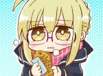  1girl ahoge artoria_pendragon_(fate) black_jacket blonde_hair blue_background blush brown_eyes commentary_request fate/grand_order fate_(series) food glasses hair_between_eyes halftone halftone_background holding holding_food jacket kasuga_yuuki long_sleeves mysterious_heroine_x_alter_(fate) open_clothes open_jacket parted_lips pink_scarf purple-tinted_eyewear scarf solo taiyaki tinted_eyewear upper_body wagashi 