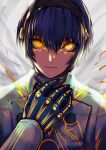  1boy absurdres black_hairband blue_hair buttons closed_mouth eyelashes gloves glowing glowing_eyes glowing_markings hair_between_eyes hairband hand_on_own_chest highres jacket looking_at_viewer male_focus markings metaphor:_refantazio protagonist_(metaphor:_refantazio) short_hair simple_background solo upper_body white_jacket yellow_eyes yuu_(primenumber7) 